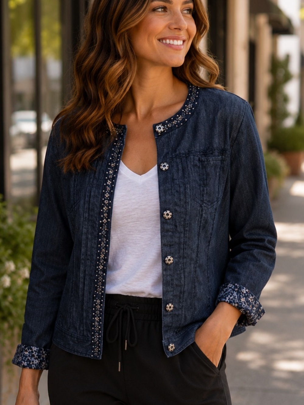 Chico's Embellished Beaded Denim Jacket Blue Size 1 Med 8 Collarless Boho Jean